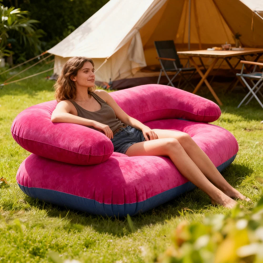 Inflatable Double Sofa Flocking Portable Air Couch Lazy Sofa for Outdoor Camping Home Living Room