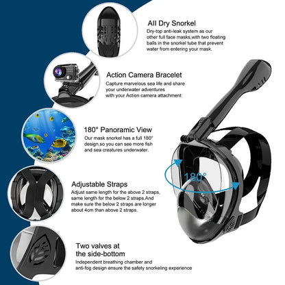 Full Face Snorkel Mask Diving Mask for Adults and Youths Anti-Leak Anti-Fog 180° Panoramic View with Camera Mount Safe Breathing
