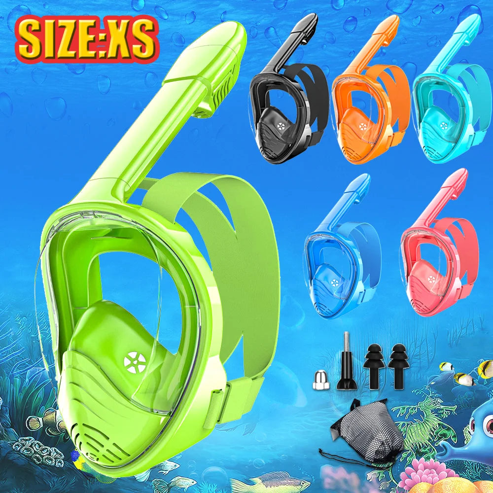 Kids Full Face Snorkel Mask Diving Mask with Detachable Camera Mount Wide View Anti-Fog Anti-Leak Snorkeling Swimming for Child