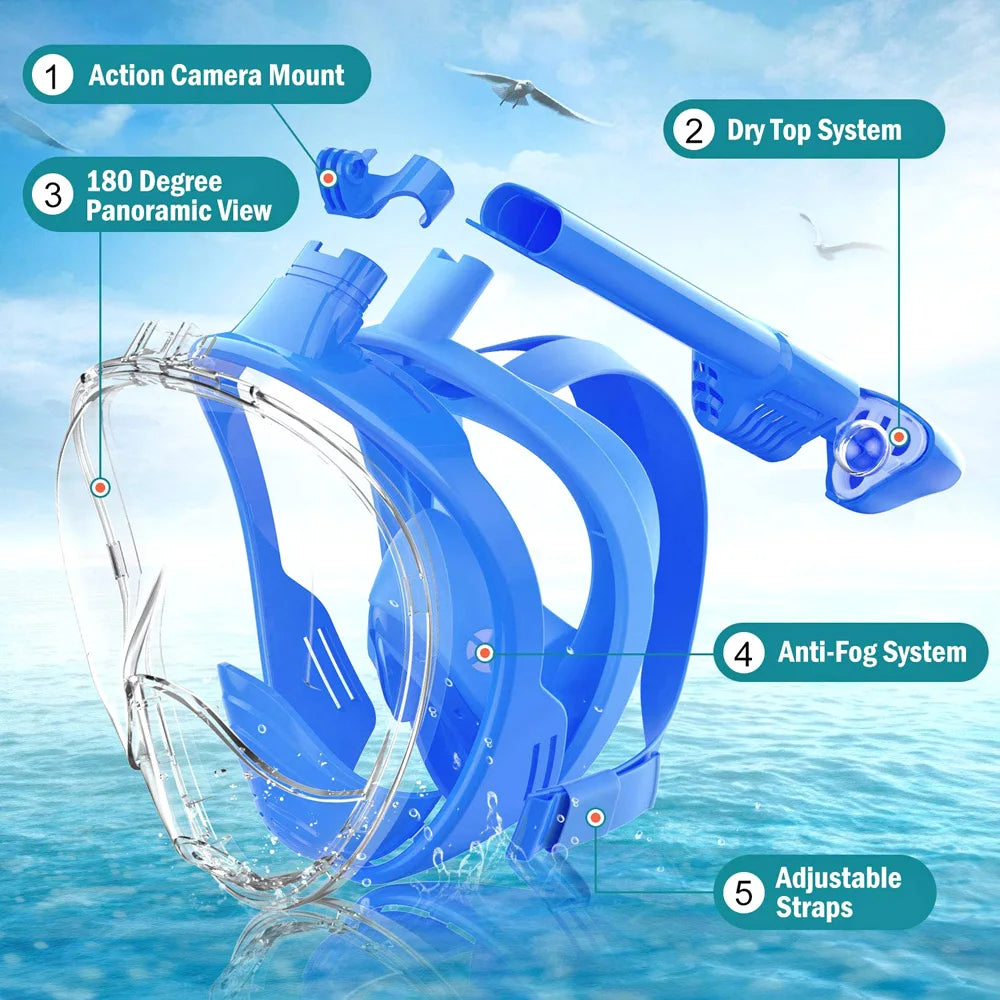 Kids Full Face Snorkel Mask Diving Mask with Detachable Camera Mount Wide View Anti-Fog Anti-Leak Snorkeling Swimming for Child