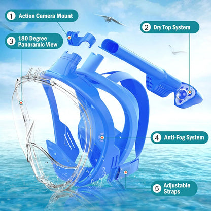 Kids Full Face Snorkel Mask Diving Mask with Detachable Camera Mount Wide View Anti-Fog Anti-Leak Snorkeling Swimming for Child