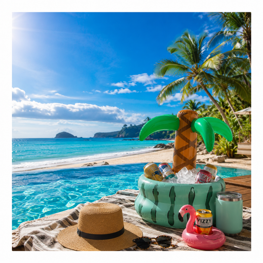 🌴🧊 Cubo de Hielo Inflable con Palmera – Enfriador Flotante para Bebidas y Decoración Hawaiana de Fiesta