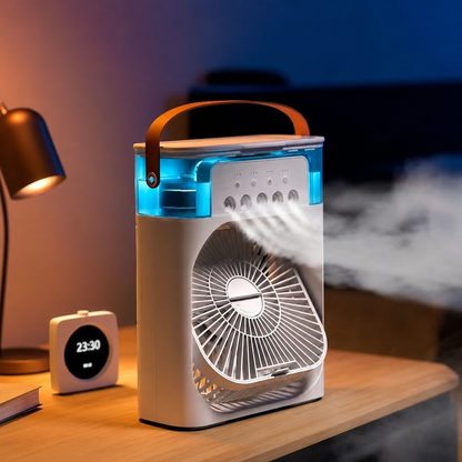 🌬️Ventilador portátil 3 en 1 con aire refrescante, humidificador y luz LED