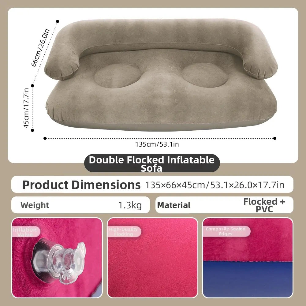 Inflatable Double Sofa Flocking Portable Air Couch Lazy Sofa for Outdoor Camping Home Living Room